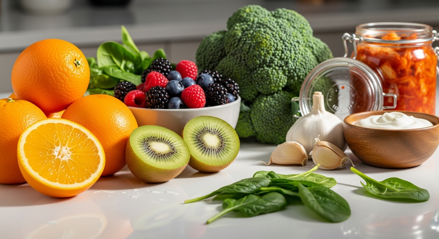 비타민C와 유산균이 풍부한 신선한 과일, 채소, 발효식품이 가득한 건강한 식탁.