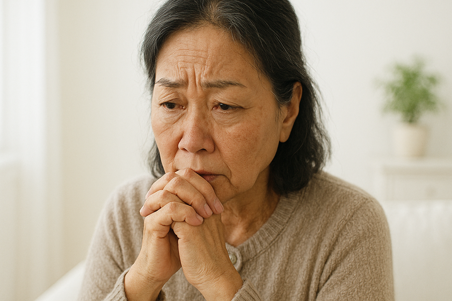 건강 걱정이 가득한 여성 노인의 모습