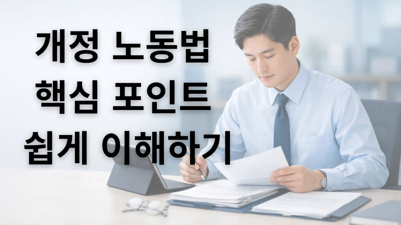 노동법 문서를 검토하는 한국 직장인의 모습, 사무실에서 서류와 태블릿을 함께 확인하는 장면 개정 노동법 핵심 포인트 쉽게 이해하기 썸네일 이미지