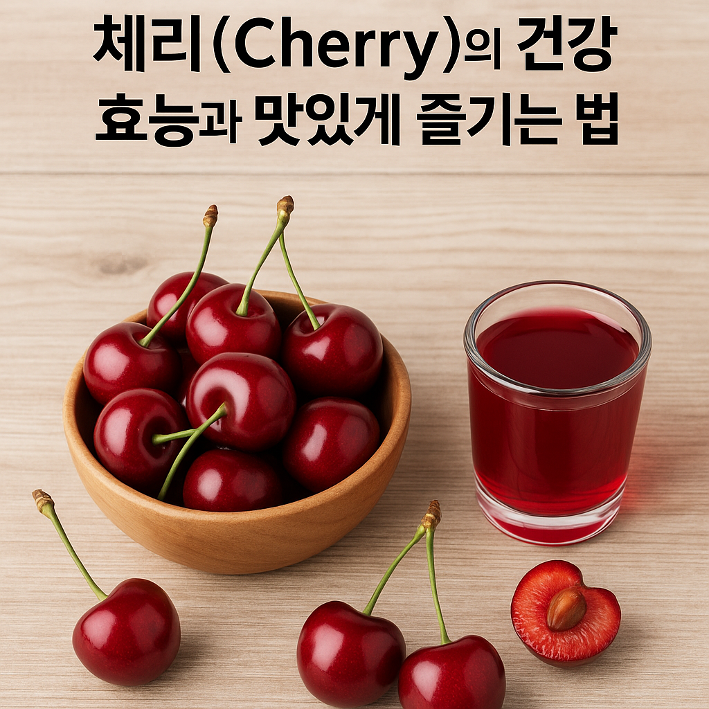 체리와 체리주스가 함께 놓인 식탁 구성