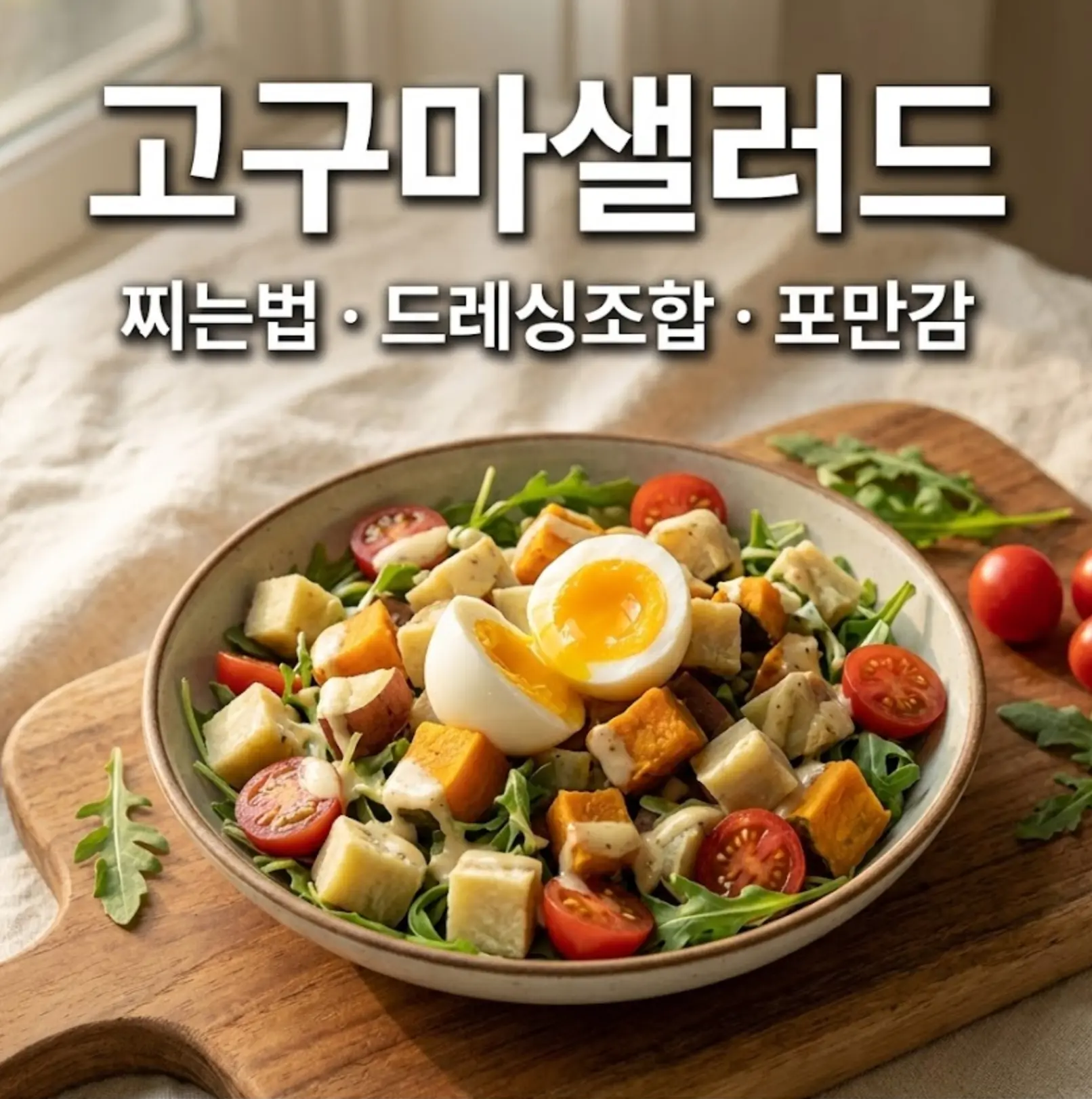 나무 도마 위에 담긴 고구마 샐러드와 반숙 계란, 루콜라, 방울토마토