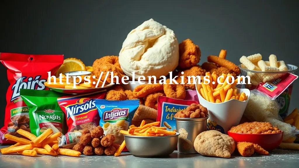 가공식품 화려한 과자 봉지, 인스턴트 식품들이 전경에 놓여있다. 그 뒤로 기름지고 끈적이는 트랜스 지방 덩어리나 튀겨진 음식들이 섬뜩하게 대비되며 배치된 이미지.