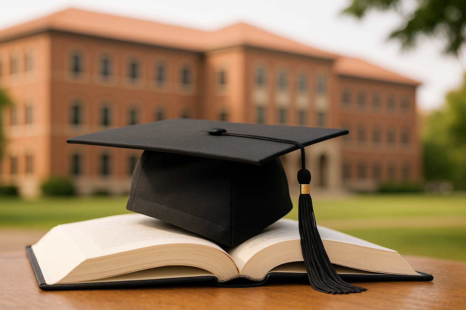 2025 2학기 국가장학금 2차 신청 — 대학 캠퍼스와 학위모, 책