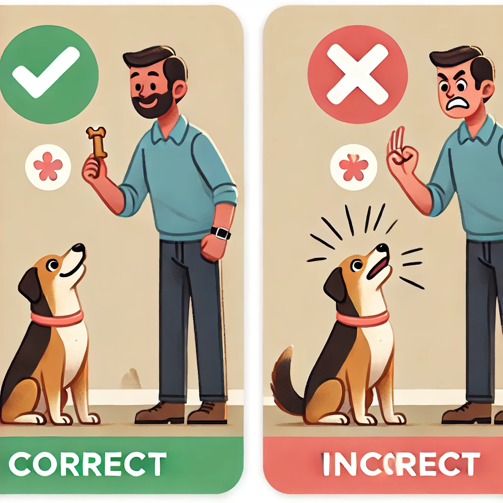 강아지 훈련에서 올바른 방법(✅)과 잘못된 방법(❌)을 비교한 이미지