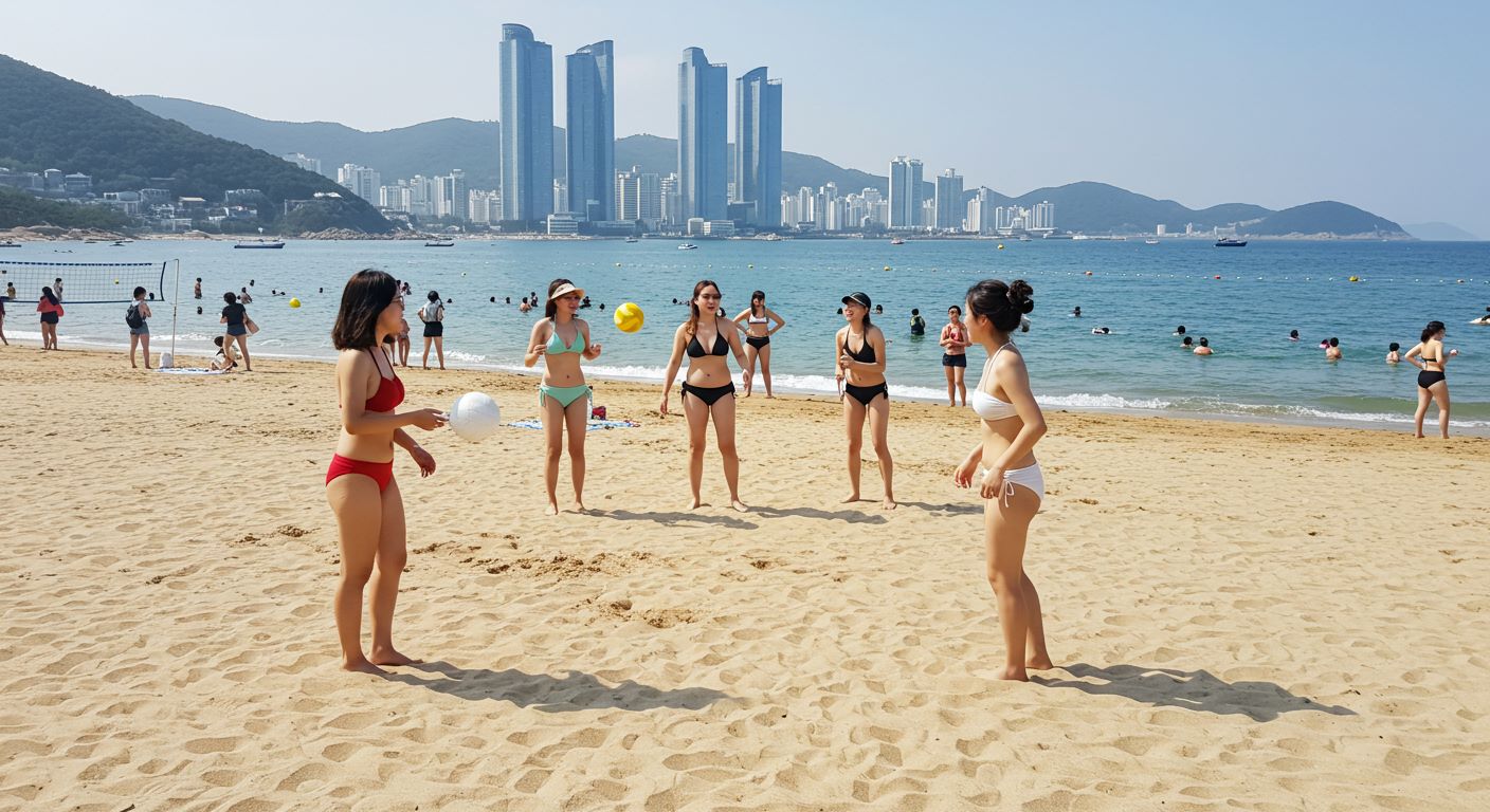 미관지구 바닷가에서 공놀이하는 여자들 사진