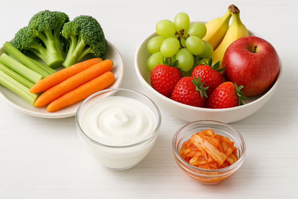 채소, 과일, 요거트, 김치 등 장 건강 식품