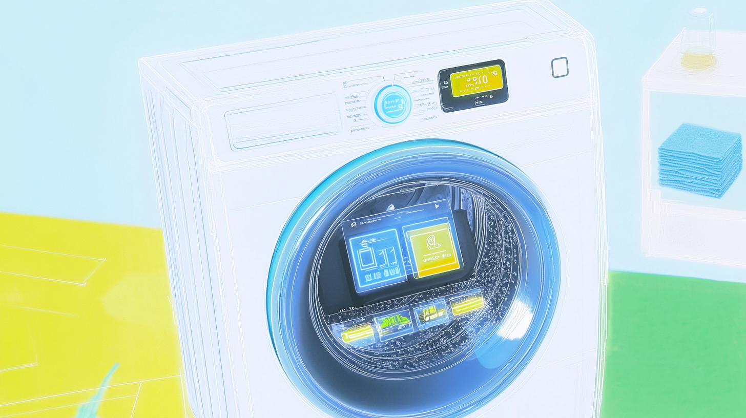 삼성 WF25CB8650BW의 AI 세탁 경험을 보여주는 이미지로, 역동적인 인터페이스 디스플레이 스크린과 미래지향적인 기술 비주얼이 생생한 파란색 톤으로 나타남