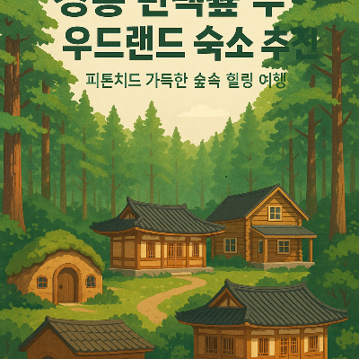 장흥 편백숲 우드랜드의 숲속 전경을 그린 디지털 포스터 일러스트입니다. 푸르른 편백나무 숲 사이로 한옥, 흙집, 통나무집 등 다양한 전통 숙소가 아늑하게 배치되어 있으며, 따뜻한 햇살이 자연 속 힐링 분위기를 강조합니다.