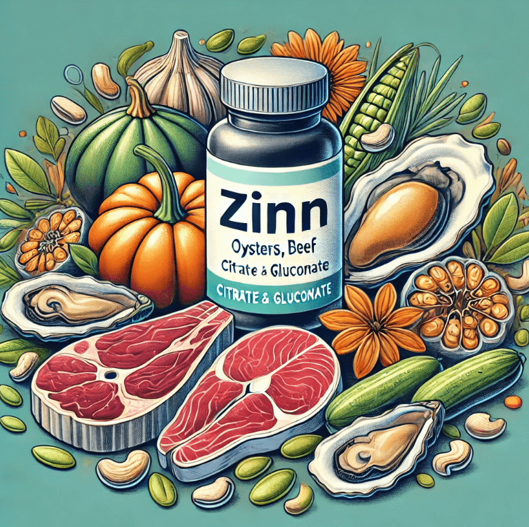 굴 , 소고기 , 병아리콩 , 호박씨 , 캐슈넛 등 아연이 풍부한 식품과 아연보충제 한 병을 함께 보여주는 그림