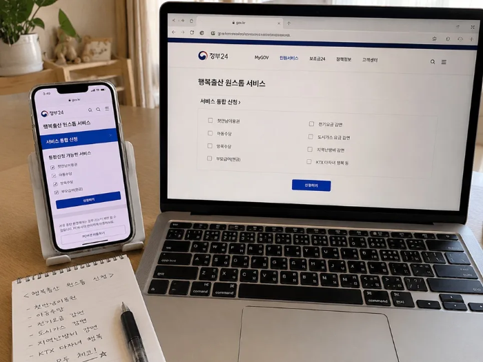 정부24 행복출산 원스톱 서비스를 스마트폰과 노트북으로 비교하며 신청하는 모습