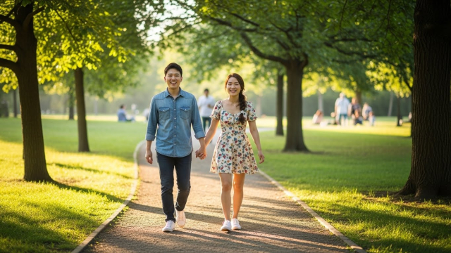 산책하며 웃는 중년 부부의 모습
