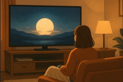 밤 늦게 영화를 보고 있는 여성