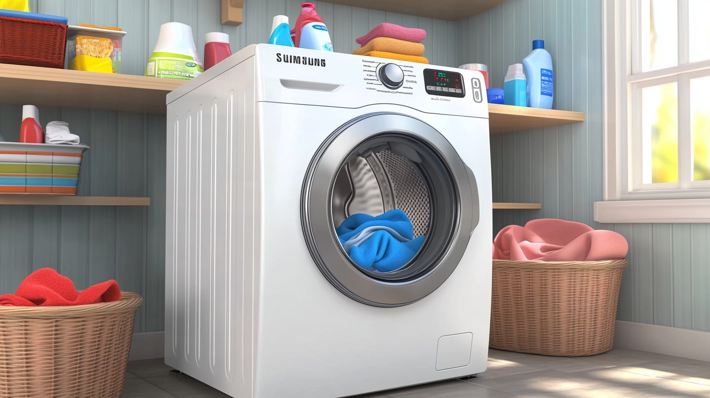 밝고 정돈된 공간에서 다양한 세제와 함께 있는 삼성 세탁기, 다양한 세탁 모드를 보여주는 모습
