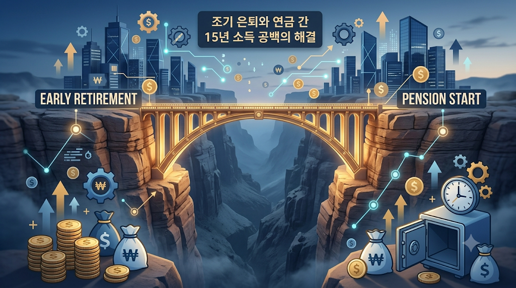 49.4세 조기 퇴직의 깊은 소득 절벽 위로 65세 국민연금까지 안전하게 이어지는 황금빛 연금저축 아치 다리와 든든한 은퇴 자산 바구니를 시각화한 인포그래픽