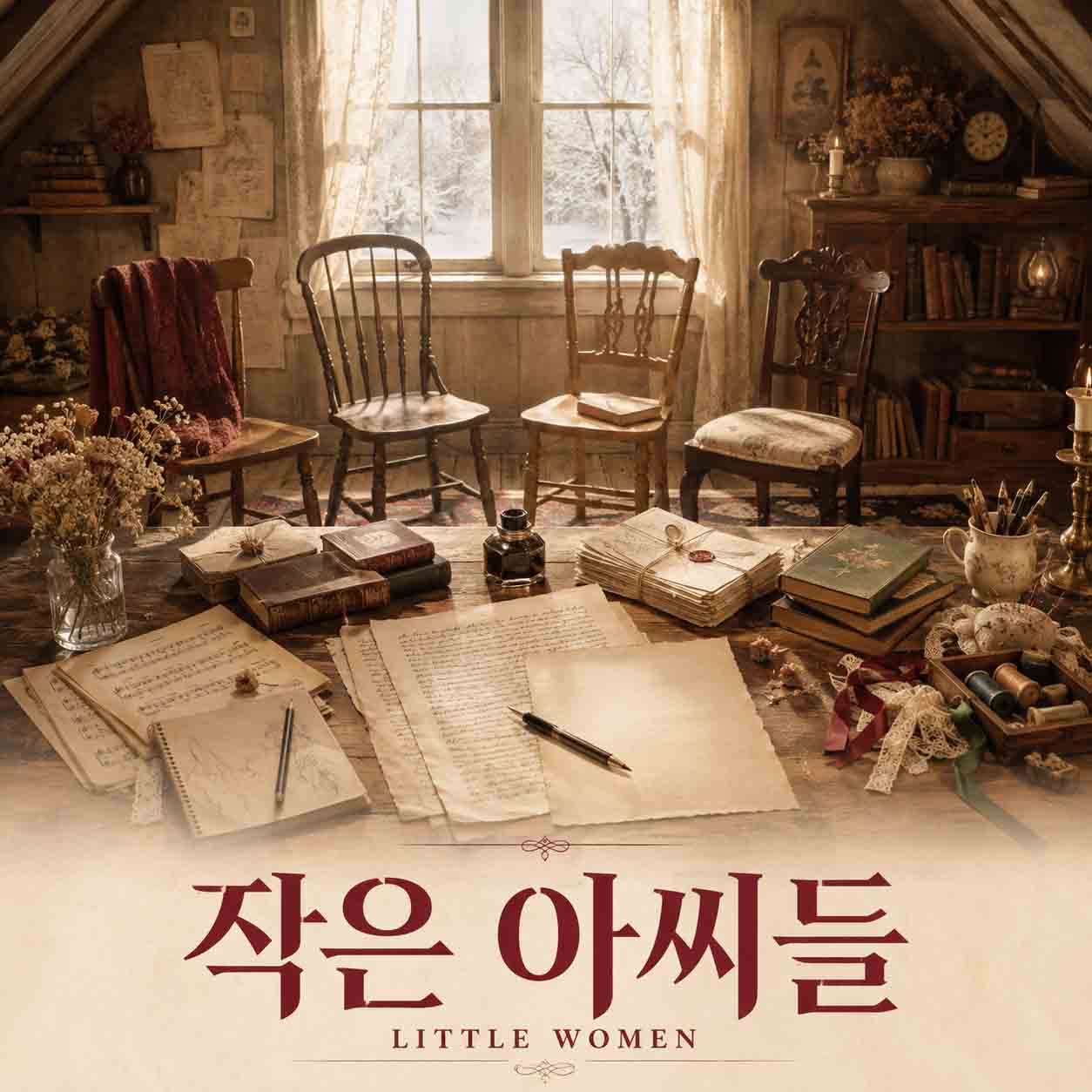 영화 작은 아씨들을 표현한 따뜻한 햇살이 비치는 다락방과 네 개의 의자, 원고와 편지가 놓인 책상 이미지