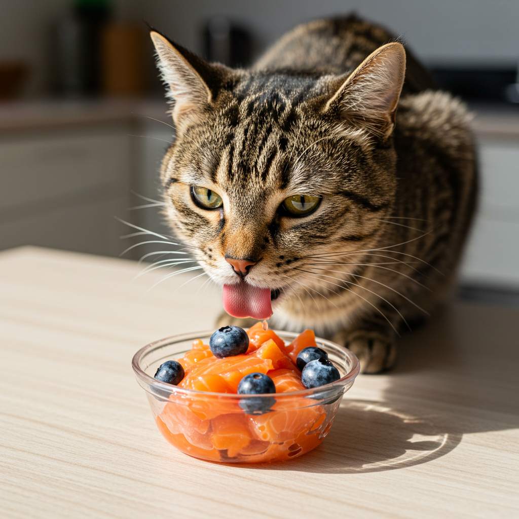 연어와 블루베리를 먹는 고양이, 옆엔 고양이 정수기 — (고양이 면역력 음식, 오메가-3, 슈퍼푸드 강조)