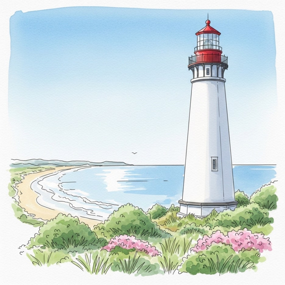 푸른 하늘 아래 우뚝 솟은 하얀 묵호 등대의 모습