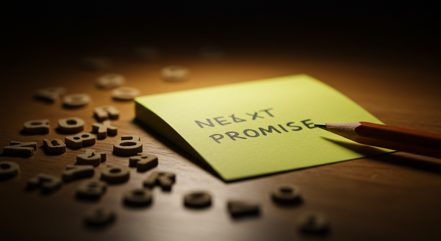 밤빛 스탠드 아래 미니어처 편지와 연필, '다음 약속' 메모가 얕은 심도로 보이는 틸트쉬프트 엔딩 장면