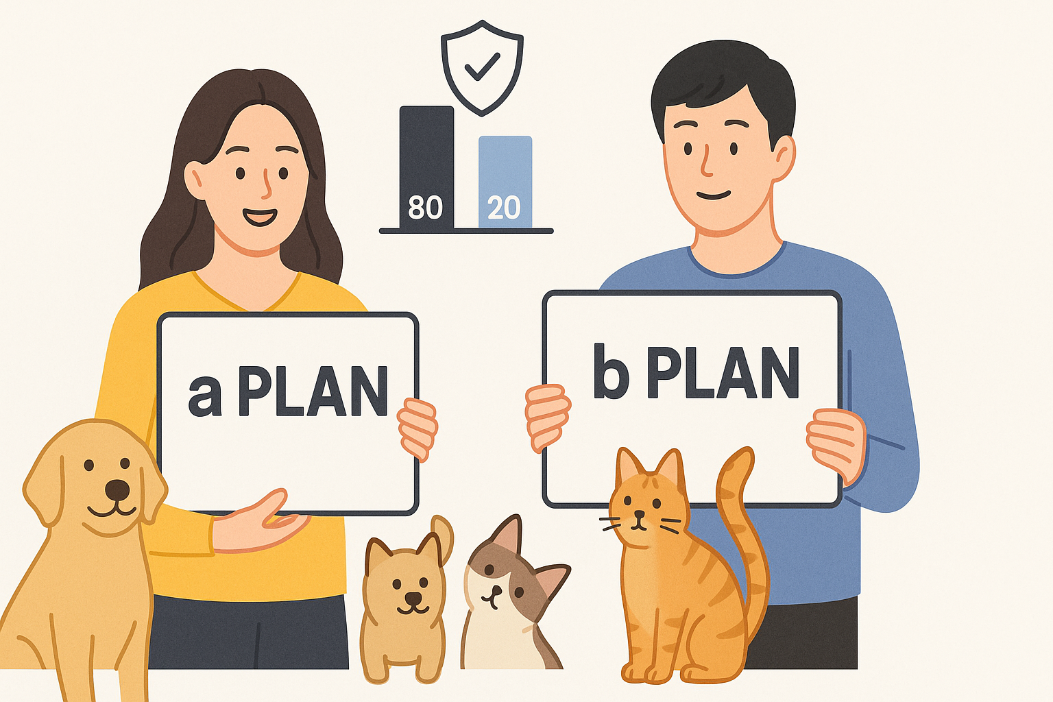 A플랜과 B플랜을 들고 비교하는 두 명의 한국 반려인