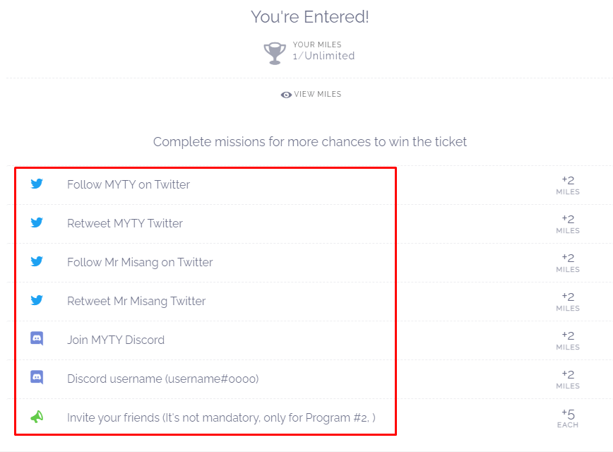 마일리지를 받기 위해 수행해야 하는 미션들 Follow, 리트윗, 디스코드 가입 등등