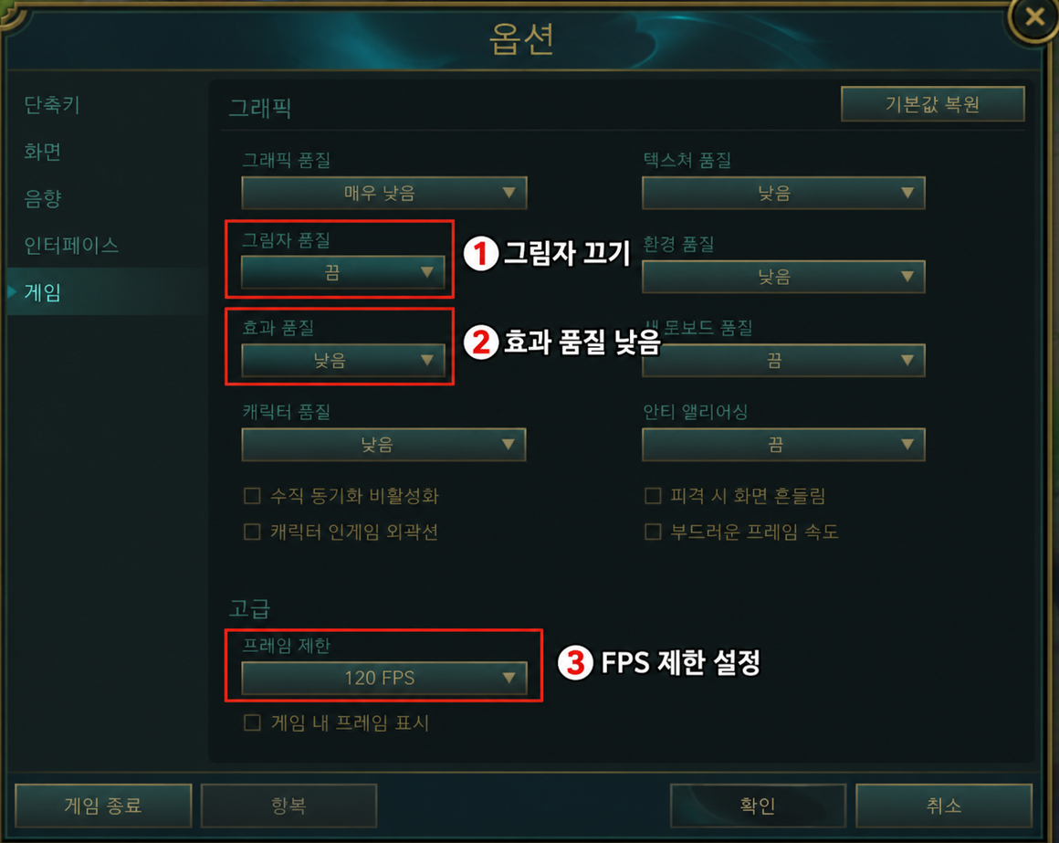 롤 한타 FPS 급락 해결을 위한 영상 설정