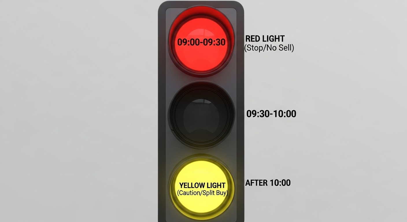 A traffic light image. The 0900-0930 section has a 'Red Light (StopNo Sell)', and the section after 1000 has a 'Yellow Light (CautionSplit Buy)' turned on.