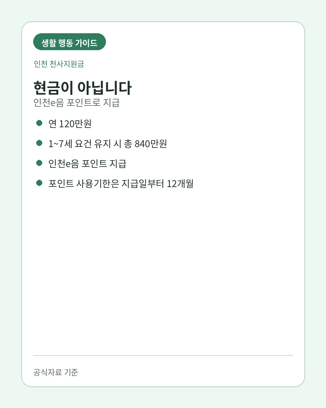 인천 천사지원금 연 120만원 인천e음 포인트 지급
