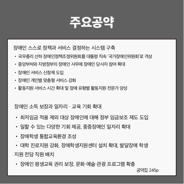 주요공약
장애인 스스로 정책과 서비스 결정하는 시스템 구축 (공약집 245p)
● 국무총리 산하 장애인정책조정위원회를 대통령 직속 &lsquo;국가장애인위원회&rsquo;로 격상
● 중앙부처와 지방정부의 장애인 사무에 장애인 당사자 참여 확대
● 장애인 서비스 신청제 도입
● 장애인 개인별 맞춤형 서비스 강화
● 활동지원 서비스 시간 확대 및 장애 유형별 활동지원 전문가 양성
장애인 소득 보장과 일자리&middot;교육 기회 확대 (공약집 245p)
● 최저임금 적용 제외 대상 장애인에 대해 정부 임금보조 제도 도입
● 일할 수 있는 다양한 기회 제공, 중증장애인 일자리 확대
● 장애학생 통합교육환경 조성
● 대학 진로지원 강화, 장애학생지원센터 설치 확대, 발달장애 학생 지원 전담 직원 배치
● 장애인 평생교육 권리 보장, 문화&middot;예술&middot;관광 프로그램 확충