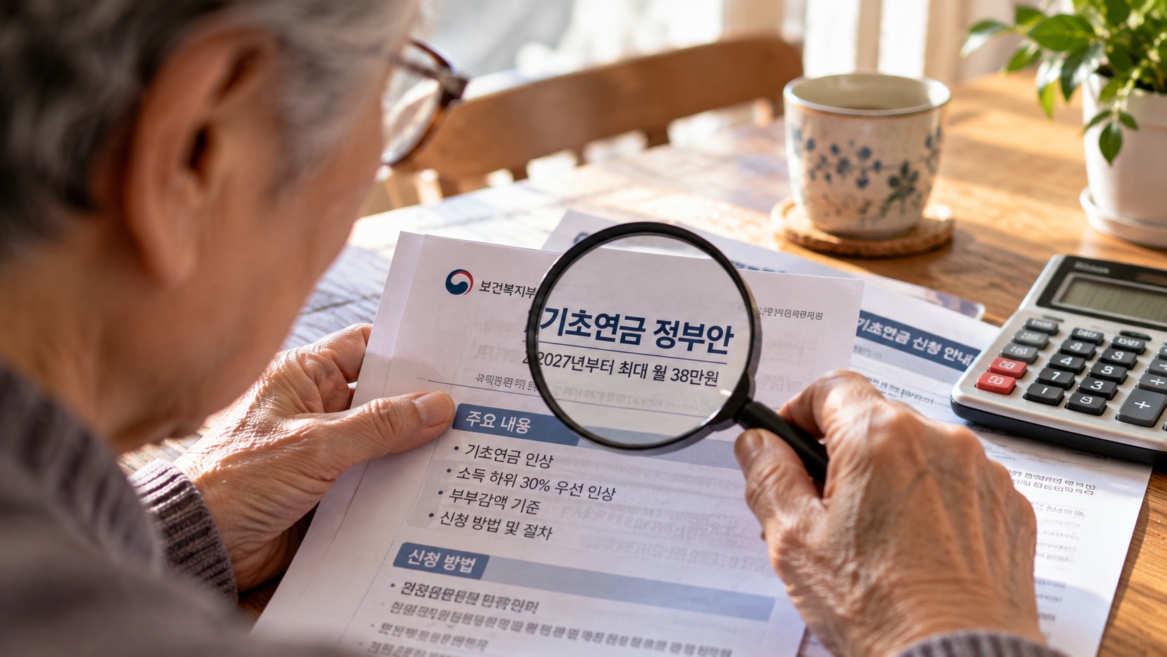 돋보기를 들고 2027년 기초연금 정부안과 신청 안내 서류를 꼼꼼하게 확인하는 어르신