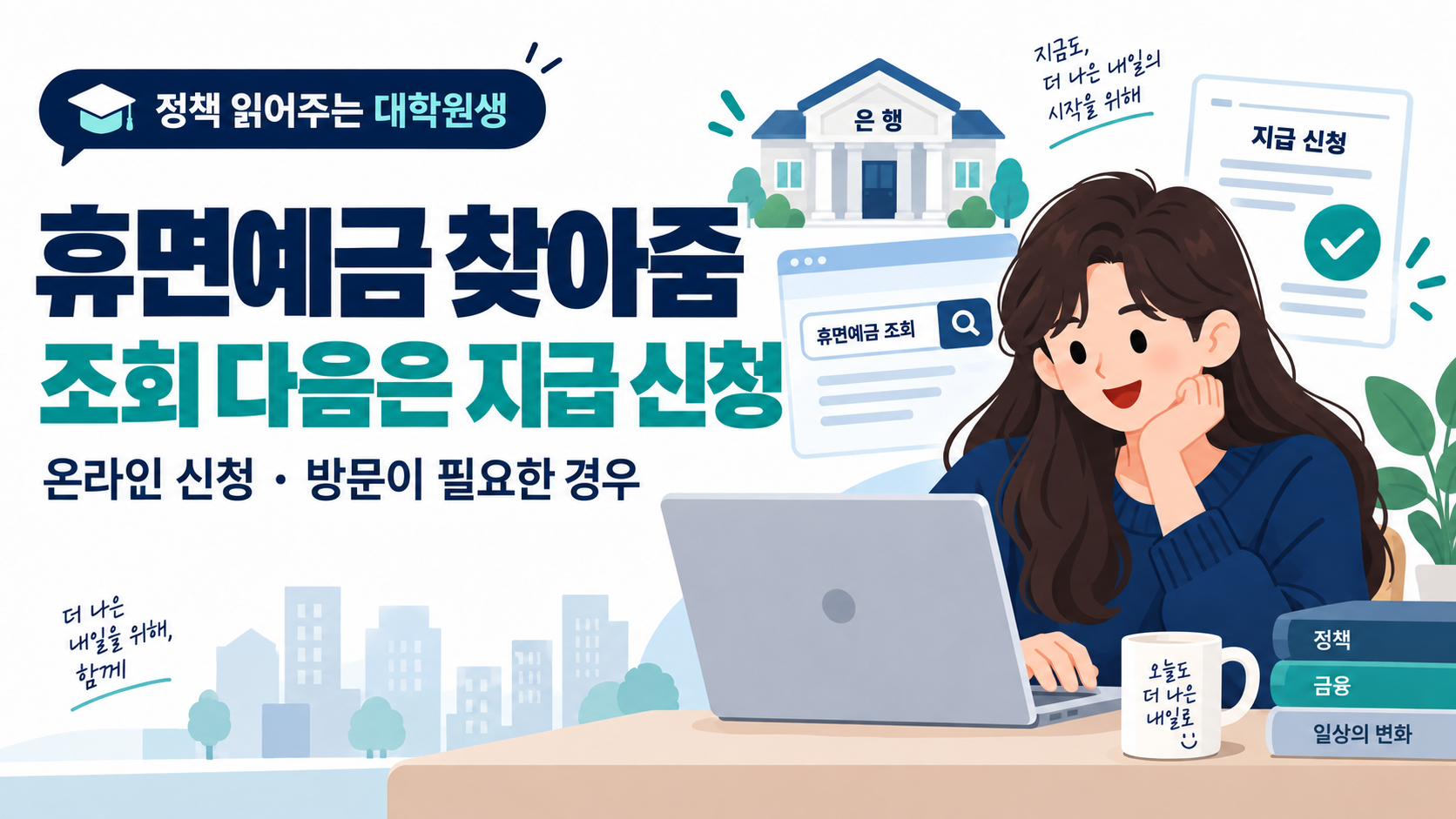 휴면예금 찾아줌에서 본인 온라인 지급과 방문 신청 상황을 구분하는 대표 이미지.
