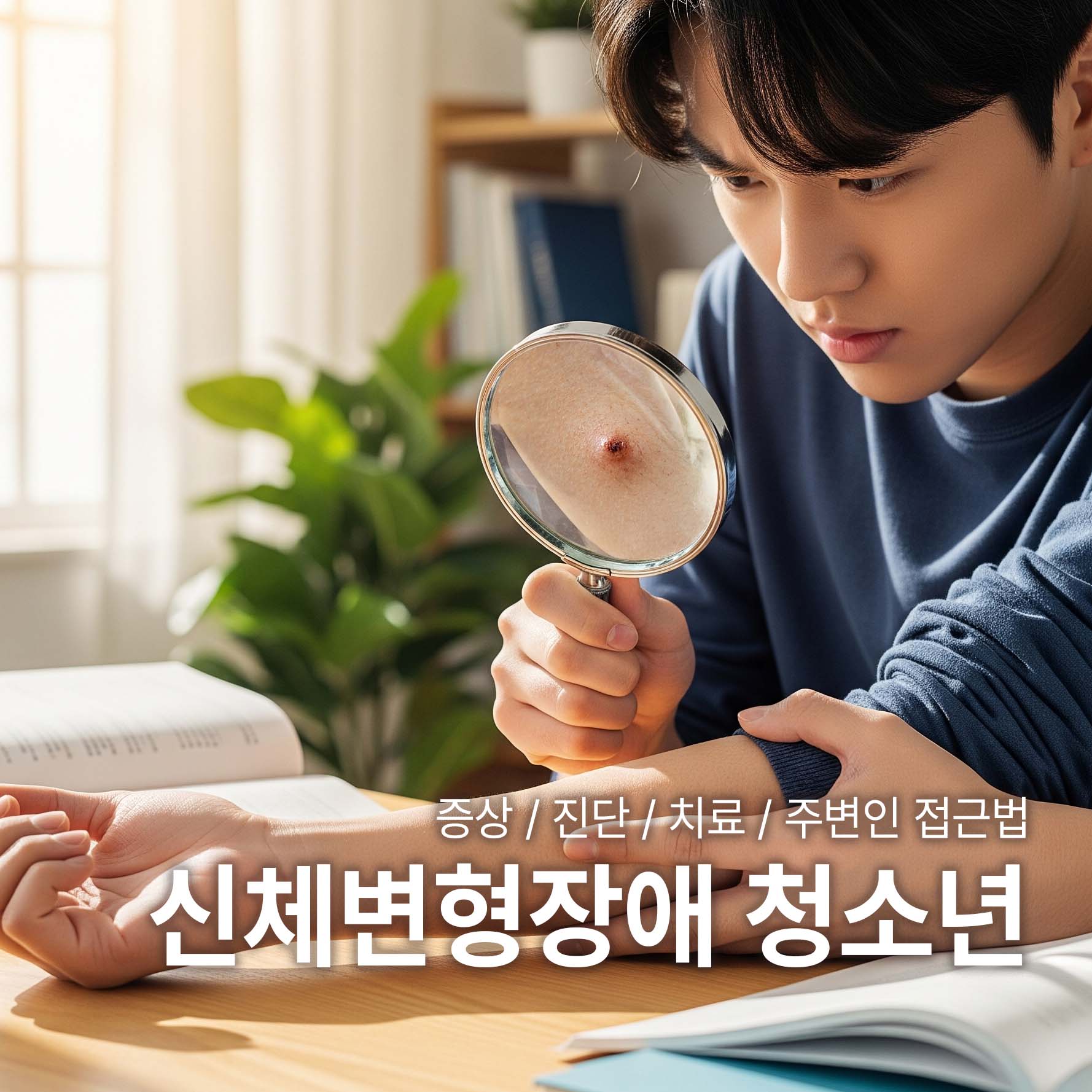 사진 속에는 한 명의 한국 학생이 책상에 앉아 돋보기를 들고 자신의 팔뚝을 유심히 관찰하고 있는 모습이 담겨 있습니다. 이는 신체에 대한 왜곡된 인식을 상징하며, 자신의 외모에 대해 집착하고 불안해하고있다