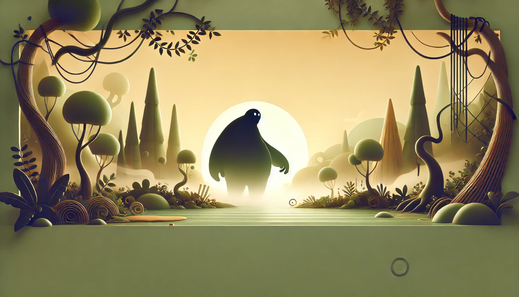 A comic monster is in the middle and the sun is rising behind it.