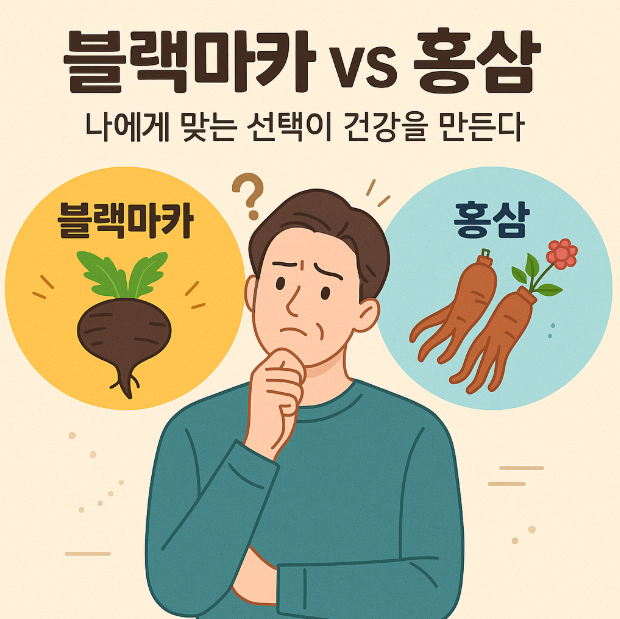 두 가지 건강식품을 비교하며 고민하는 중년 남성의 모습