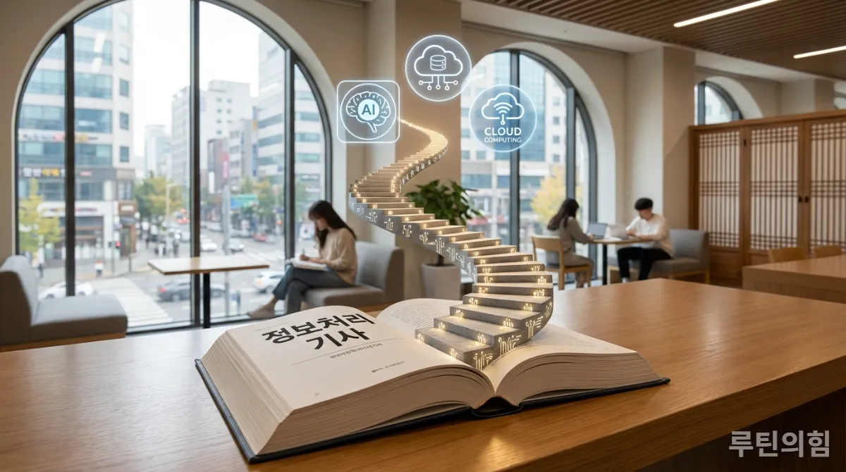 정보처리기사 자격증이 상위 IT 자격증으로 가는 디딤돌임을 상징하는 이미지