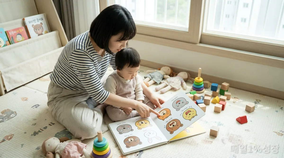 한국인 엄마가 어린 아이에게 감정 그림책을 읽어주는 모습