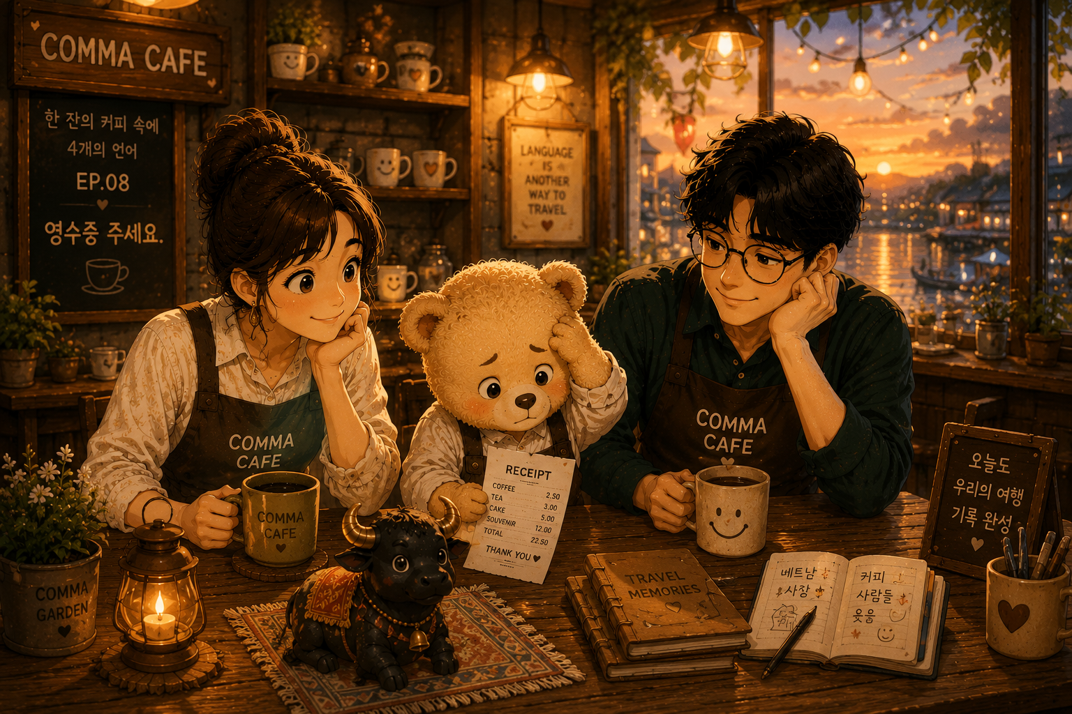 노을이 비치는 COMMA CAFE 창가에서 쉼표와 푸름, 곰인형 은돌이가 영수증과 검은 뿔 소 장식품을 사이에 두고 하루를 마무리하는 따뜻한 장면
