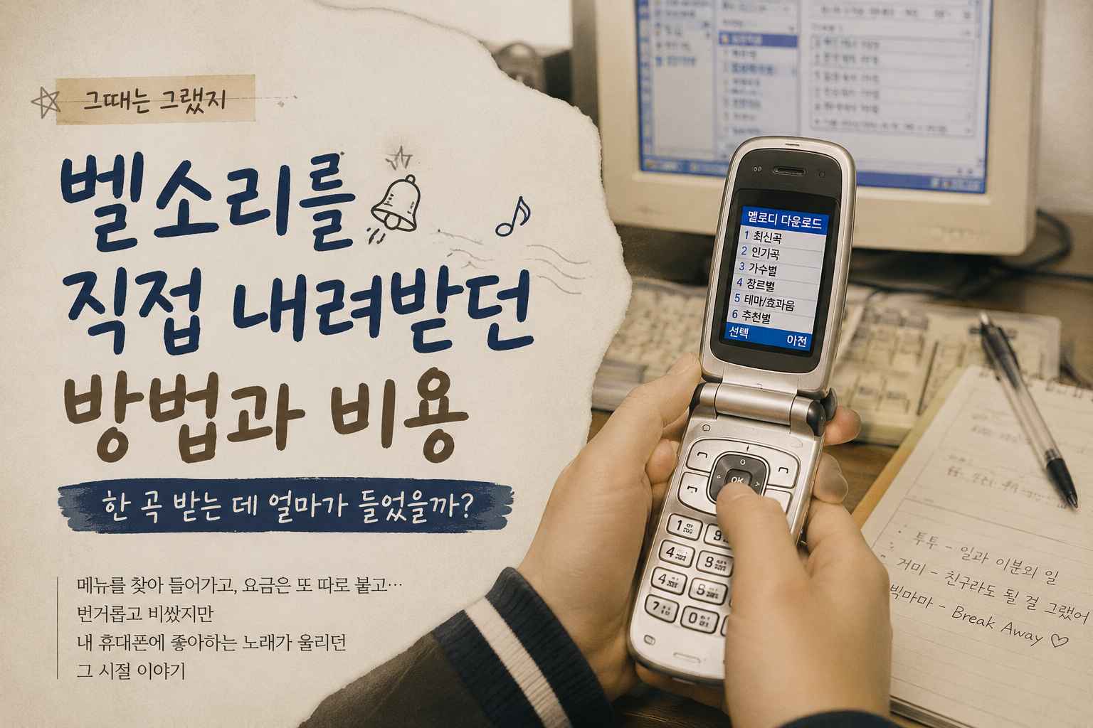 책상 앞에서 피처폰으로 벨소리 다운로드 메뉴를 확인하는 모습과 대표 문구가 들어간 이미지