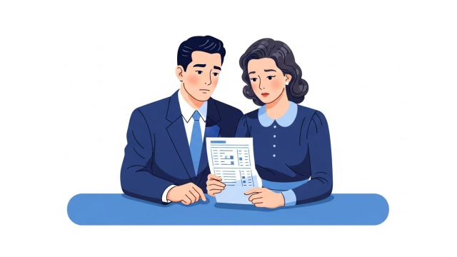 알부민 수치 결과지를 보고 고민하는 중년 남녀 일러스트