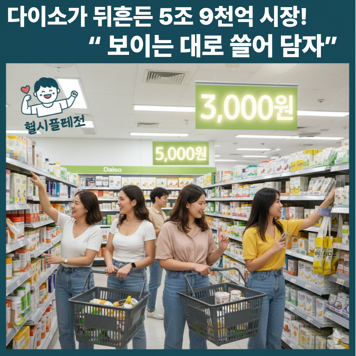 다이소 매대에서 사람들이 저렴한 건강기능식품을 고르고 있는 모습. 배경에는 '3000원, 5000원'과 '헬시플레저'를 상징하는 아이콘이 강조되어 있으며, 다이소발 건기식 시장 혁명을 주제로 한 썸네일.