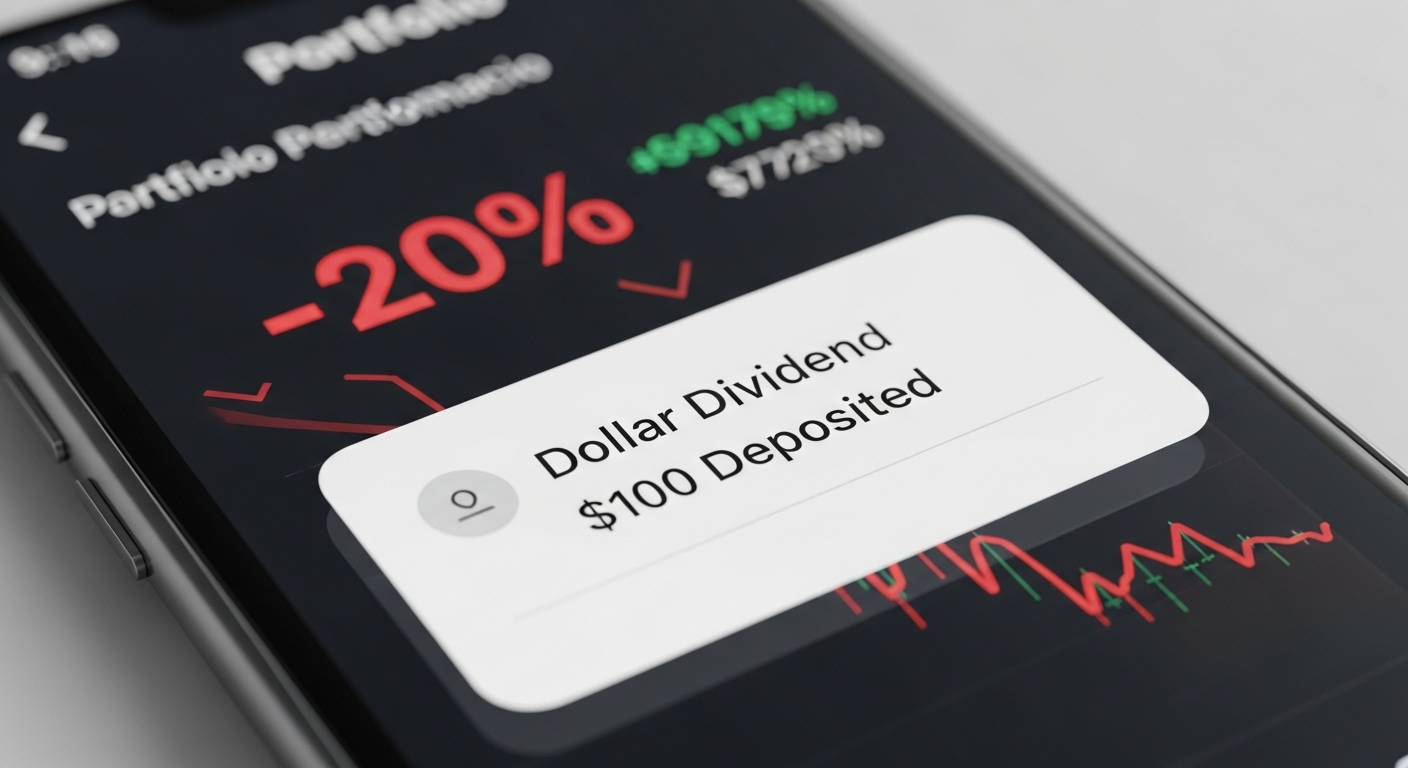 스마트폰 화면. 주식 계좌(-20% 파란불)와 입금 알림(+$100 배당금)이 동시에 뜬 모습
