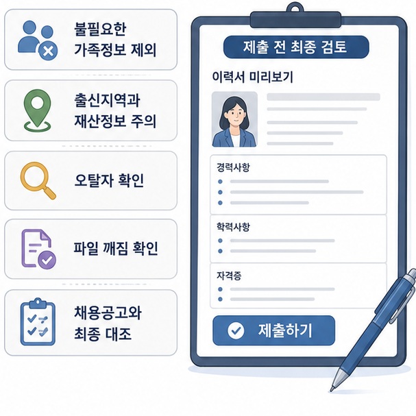 이력서 제출 전 직무와 무관한 개인정보를 줄이고 오탈자와 파일 깨짐, 채용공고의 필수요건을 다시 확인해야 함을 보여 주는 그림