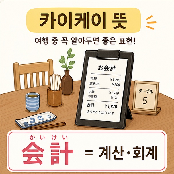 일본 식당의 계산서와 함께 회계와 계산, 결제를 의미하는 일본어 카이케이 뜻을 설명한 이미지