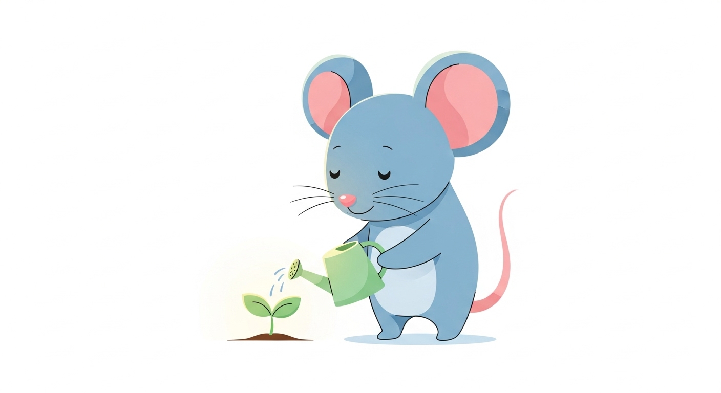 작은 물뿌리개로 새싹에 정성스럽게 물을 주는 자상한 쥐 캐릭터 일러스트
