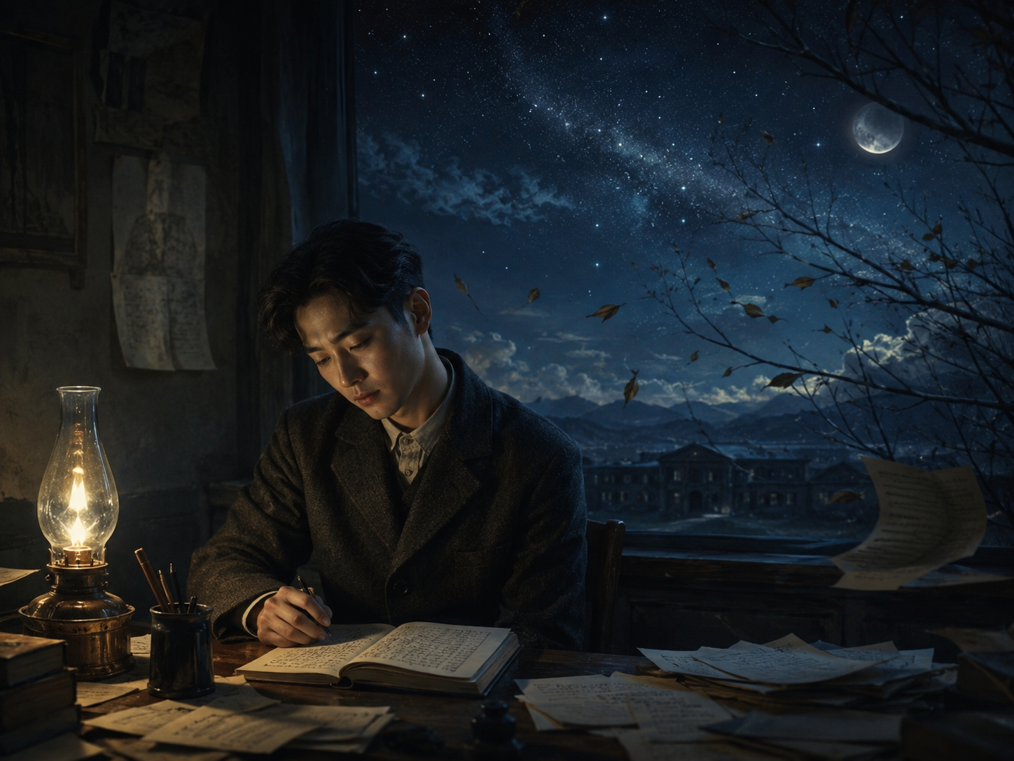 하늘과 바람과 별과 시 요약: 어두운 밤방 호랑이 등잔불 아래에서 시를 적어 내려가는 윤동주 시인과 창밖으로 별이 빛나는 밤하늘, 바람에 날리는 낙엽이 어우러진 서정적인 일러스트