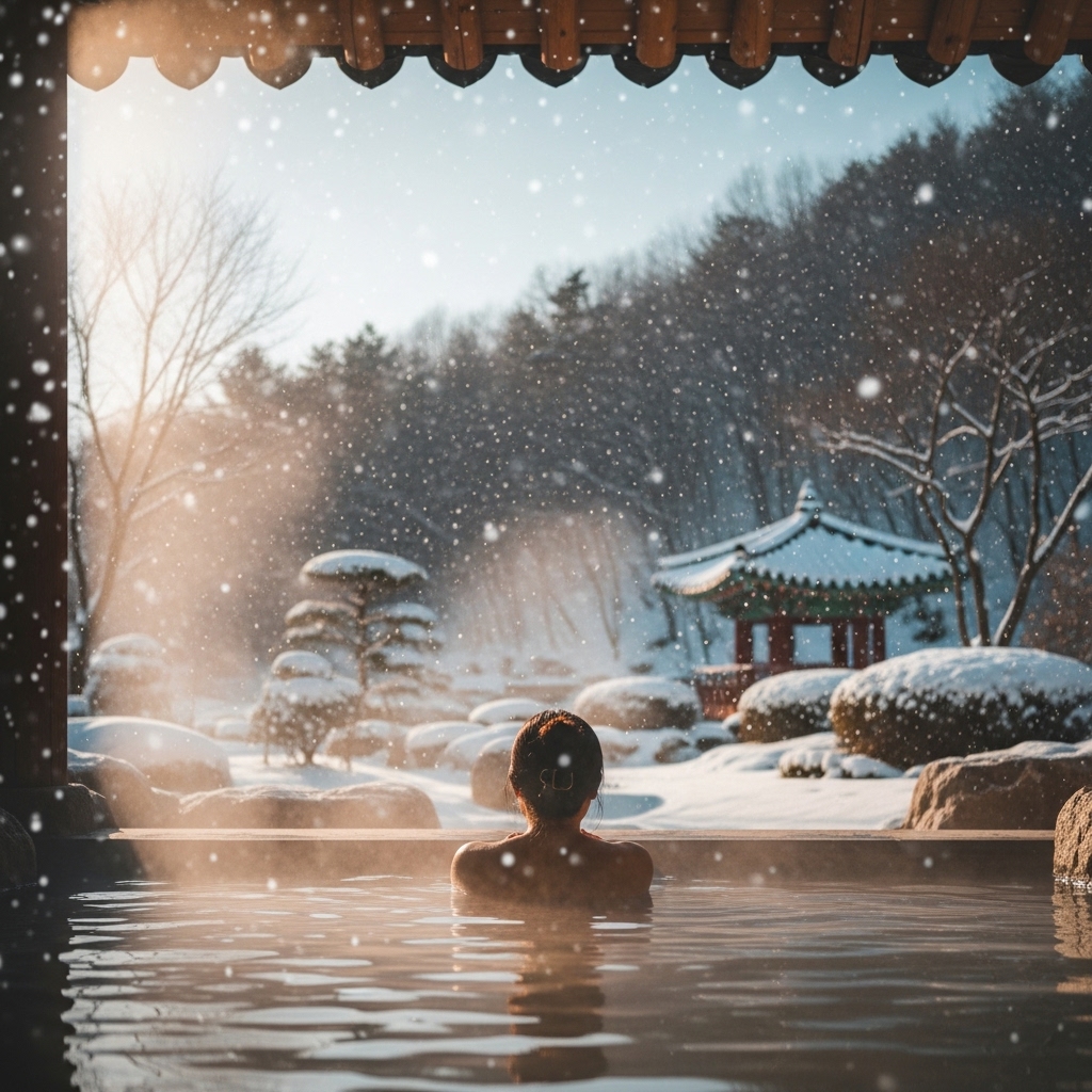 눈 내리는 고즈넉한 겨울 풍경 속 야외 온천. 따뜻한 김이 피어오르는 온천수에 몸을 담그고 휴식하는 사람의 뒷모습이 보이며, 한옥 지붕과 설경이 어우러져 평화롭고 힐링되는 분위기를 연출합니다.