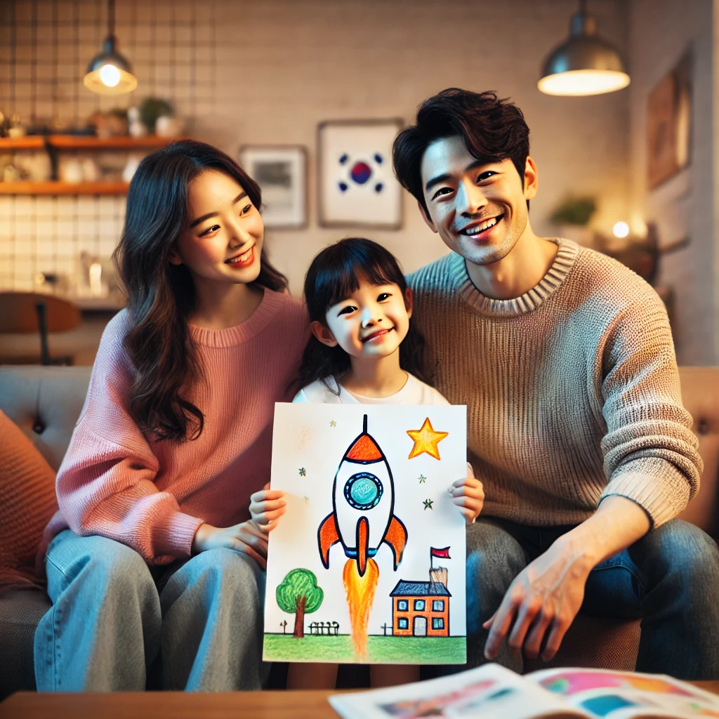 아늑한 거실에서 딸이 우주 비행사가 되고 싶다는 꿈을 설명하며 로켓 그림을 보여주는 모습. 부모가 따뜻한 미소로 자랑스러워하는 가족