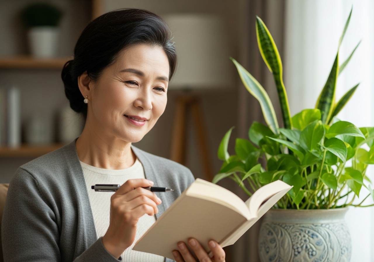 50대 한국인 여성, 책과 펜 들고 차분히 정리하는 모습