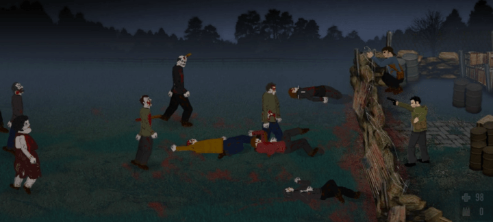 다가오는-좀비들을-총으로-처치하는-화면