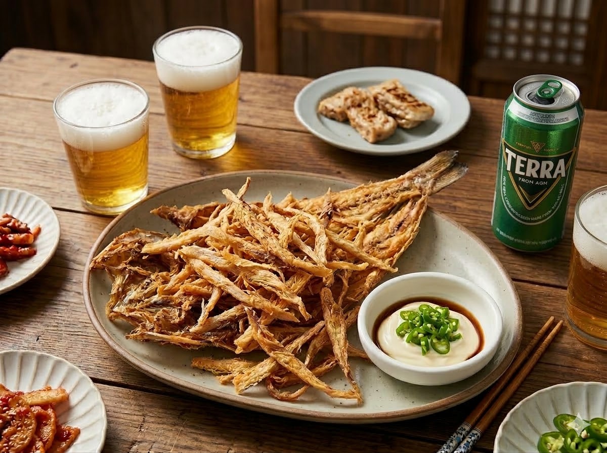 바삭하게 구워진 먹태와 청양고추 마요네즈 소스가 정갈하게 담긴 사진입니다.