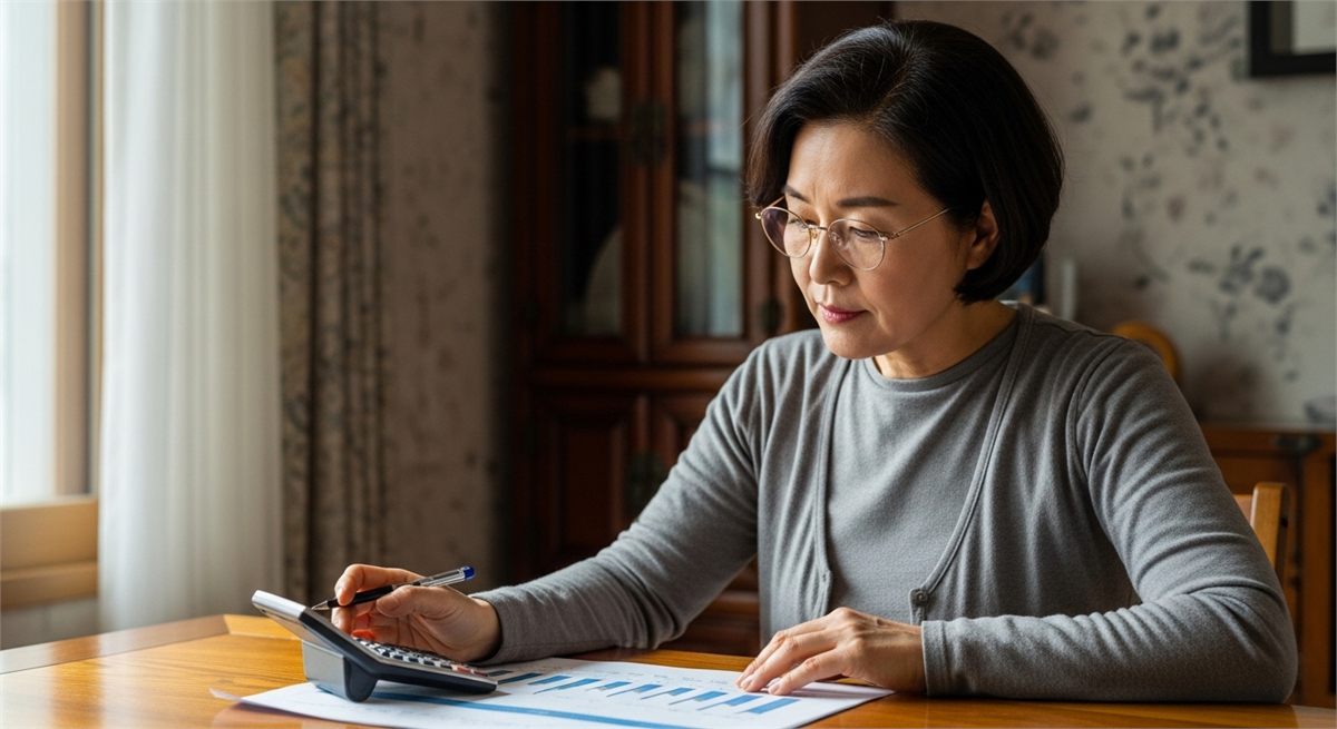 계산기와 표를 보며 연금 시작 나이를 확인하는 한국인 여성의 모습